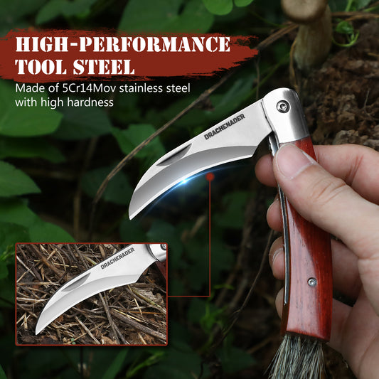 DRACHENADER Folding Mushroom Knife with Brush Leather Sheath Liner-Lock