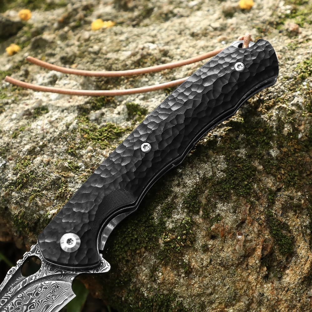 DRACHENADER Damascus Folding Pocket Knife with VG10 Steel Core and Ebony Handle