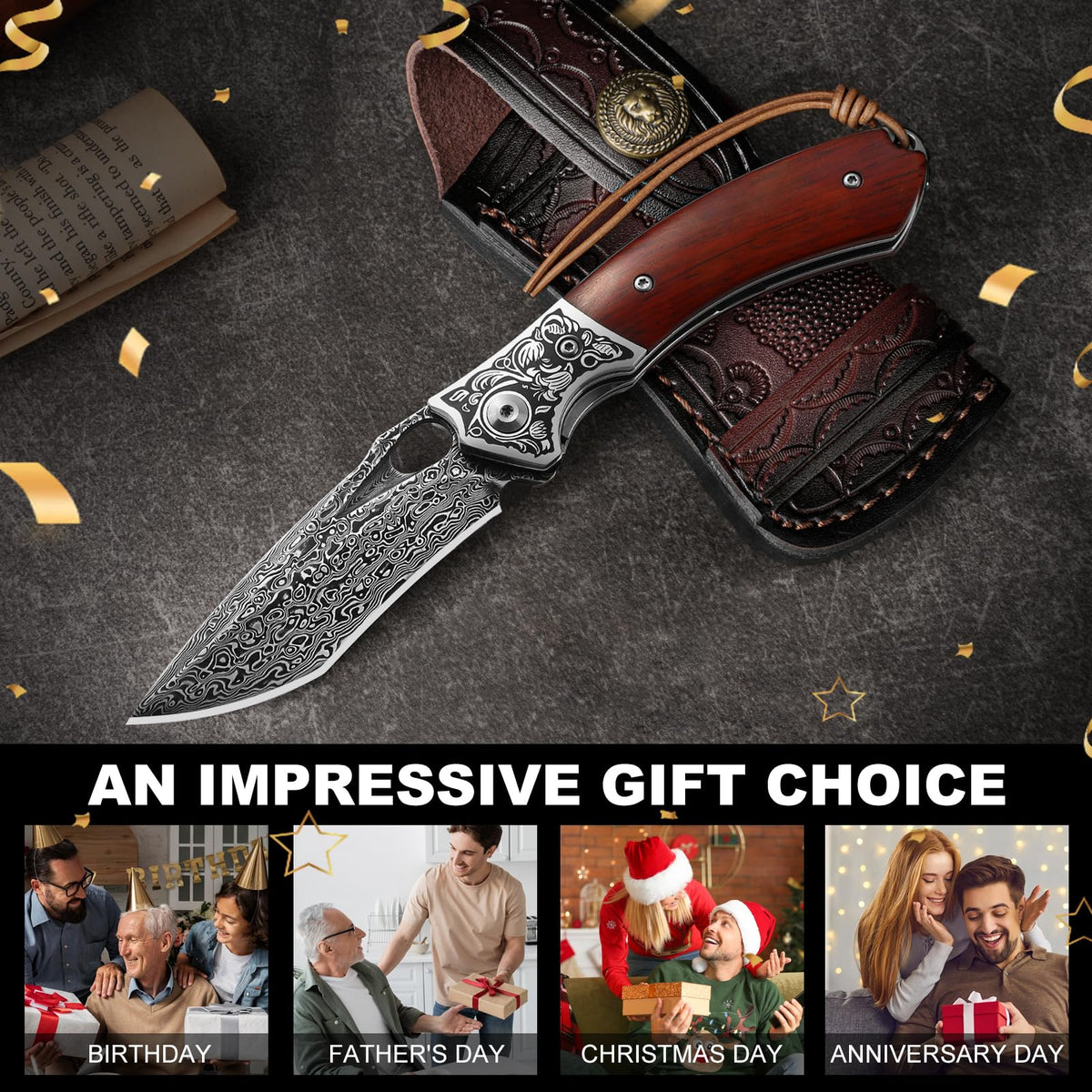 DRACHENADER Damascus Folding Knife with Wood Handle & Leather Sheath