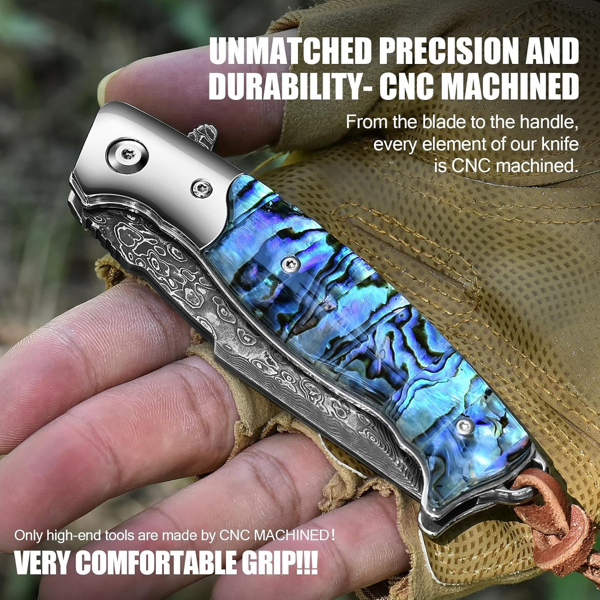 DRACHENADER Damascus Folding Knife with Abalone Handle and Leather Sheath