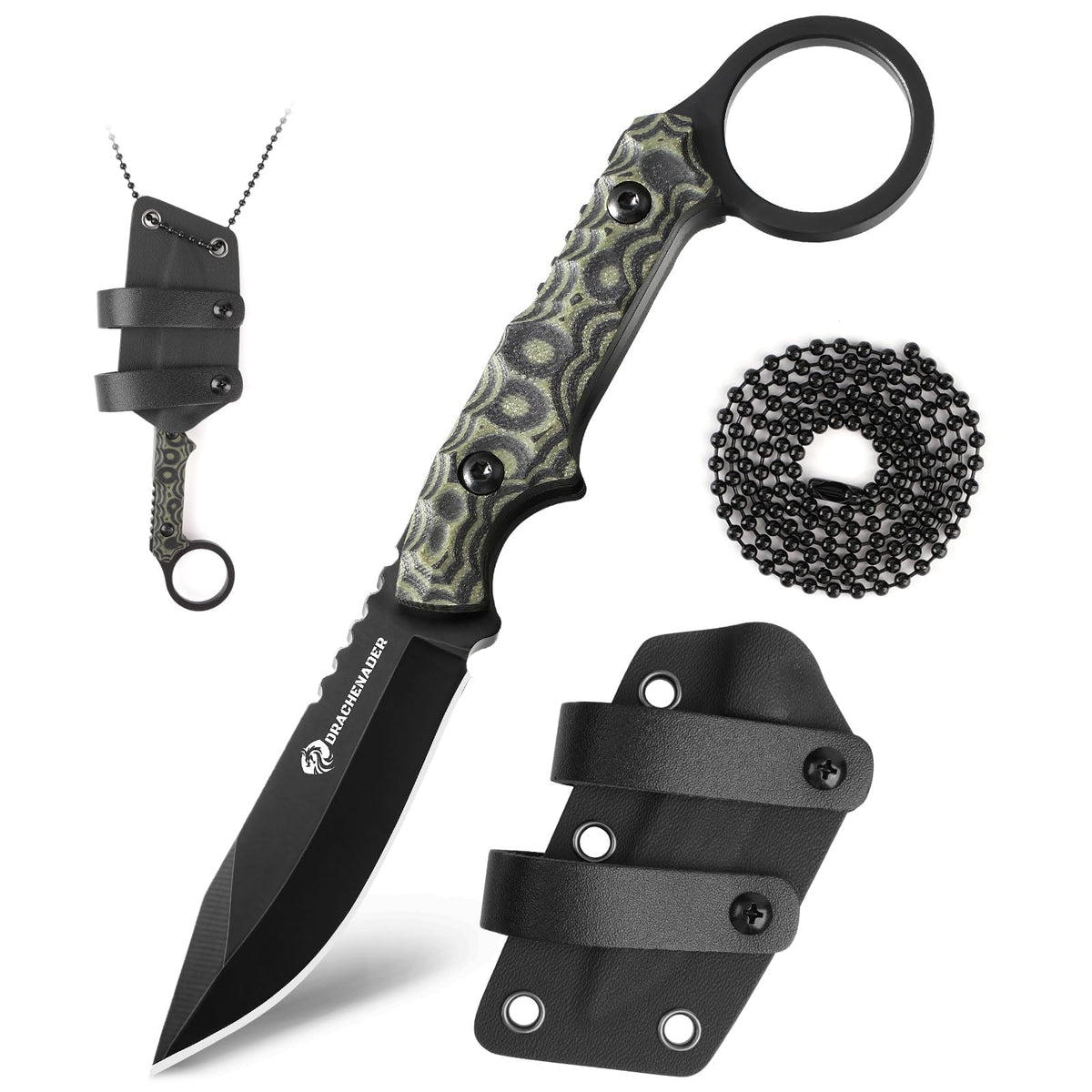DRACHENADER 7.08" 5Cr13MoV Full Tang Fixed Blade Knife with Finger Ring & Kydex Sheath