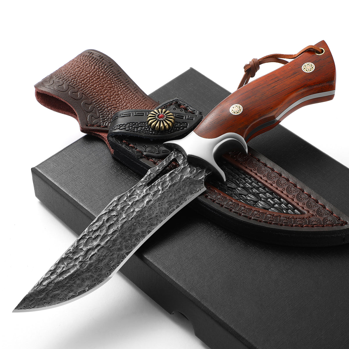 DRACHENADER Damascus Hunting Knife, VG10 67-Layers Damascus Steel, Real Leather Sheath, Wood Handle