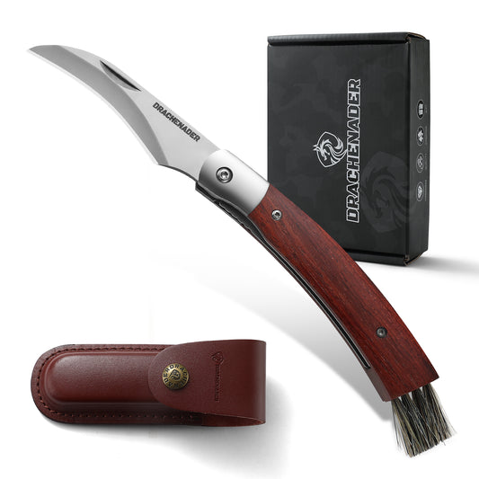 DRACHENADER Folding Mushroom Knife with Brush Leather Sheath Liner-Lock