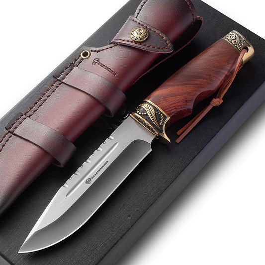 DRACHENADER 10.63" Fixed Blade Knife with Wood Handle and Leather Sheath