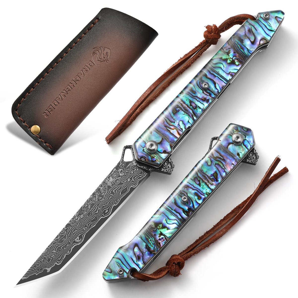 DRACHENADER 8.97" Tanto Damascus Folding Knife with Abalone Shell Handle Leather Sheath