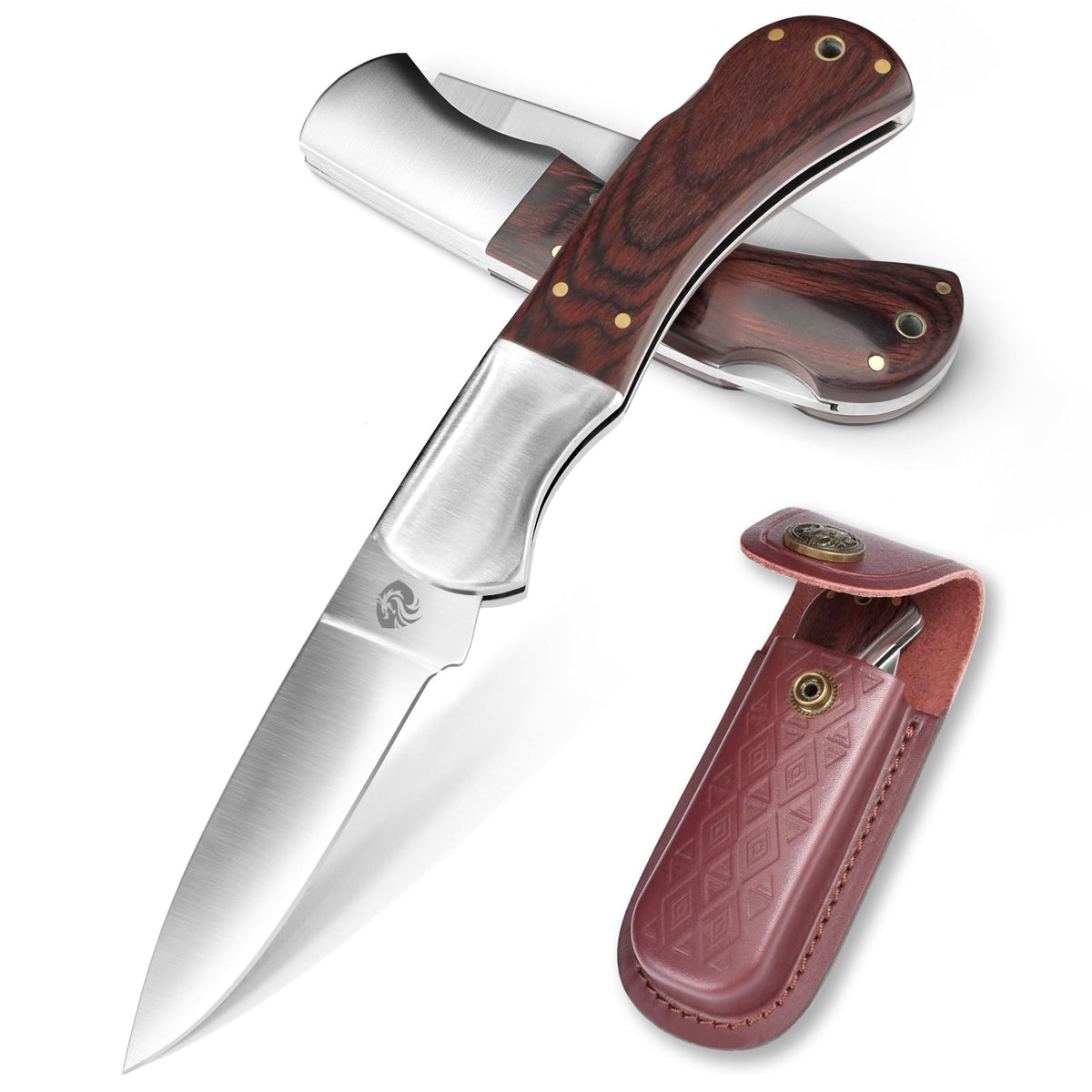 DRACHENADER 440C Two-Hand Opening Folding Knife with Wood Handle & Leather Sheath