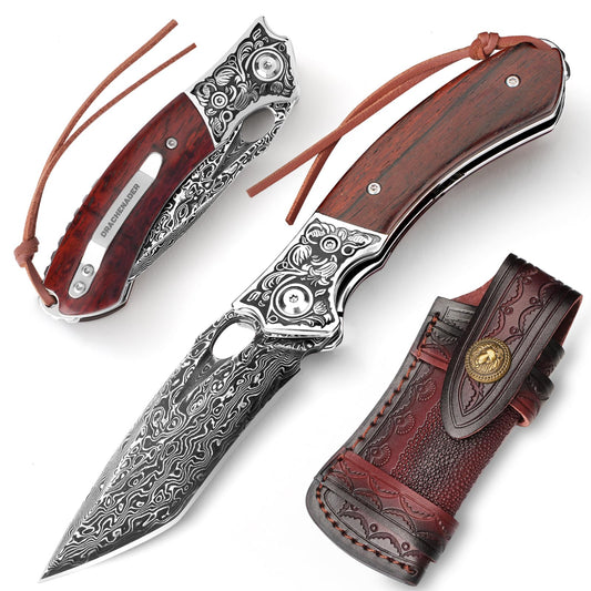 DRACHENADER Damascus Folding Knife with Wood Handle & Leather Sheath