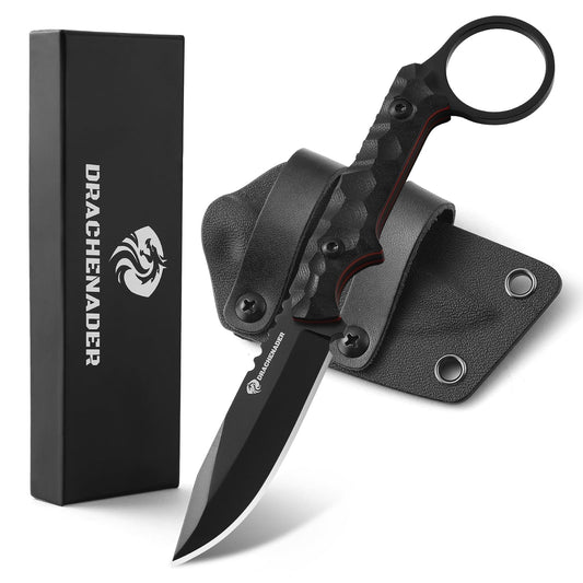 DRACHENADER 7.08" 5Cr13MoV Full Tang Fixed Blade Knife with Finger Ring & Kydex Sheath