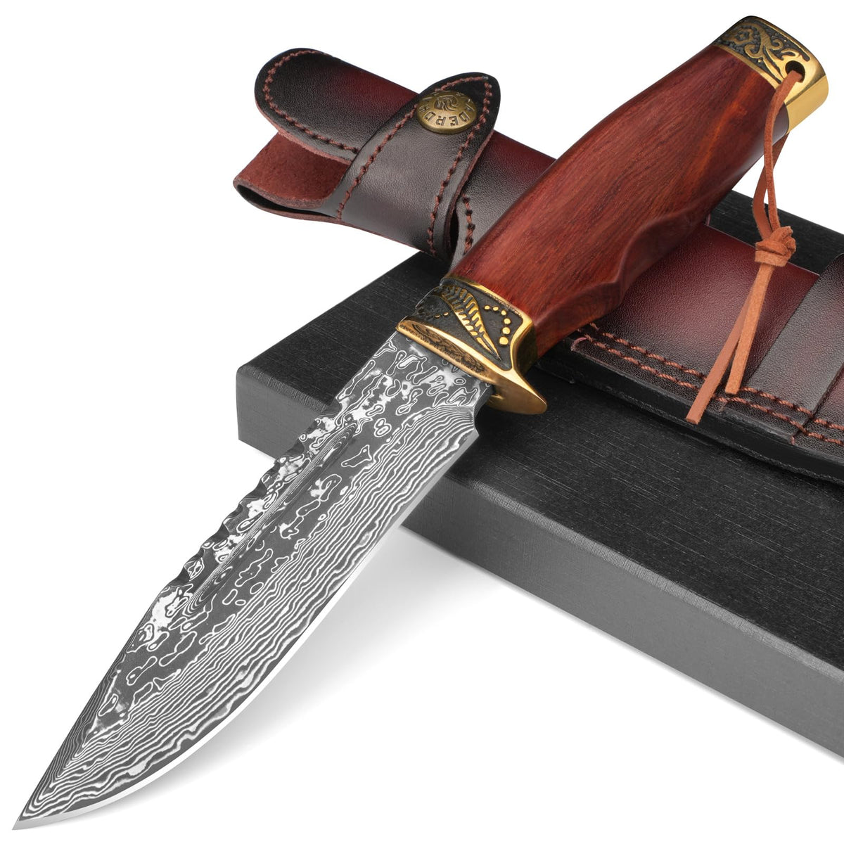 DRACHENADER 10.6" VG10 Damascus Fixed Blade Hunting Knife with Horizontal Leather Sheath