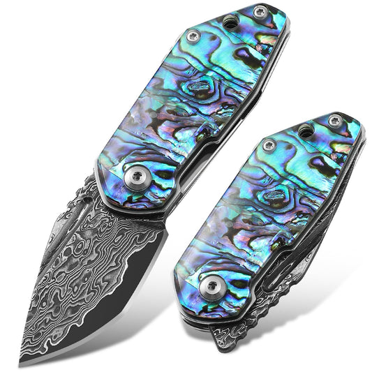 DRACHENADER Mini Damascus Folding Pocket Knife with Abalone Shell Handle Keychain