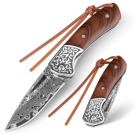 DRACHENADER 5.51" Damascus Folding Knife with Wood Handle