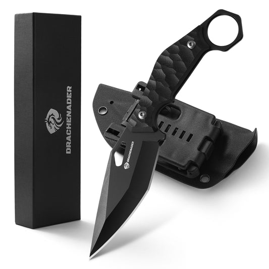 DRACHENADER 9" EDC Fixed Blade, SEAL-FULL BLACK, 5mm Thick Stainless Steel, G10 Anti-Slip Handle