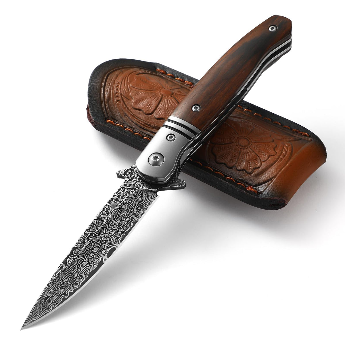 DRACHENADER Damascus Folding Knife with Wood Handle and Leather Sheath