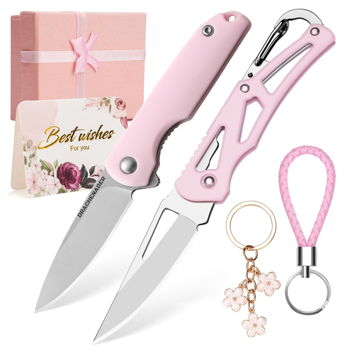DRACHENADER 2PCS Pink Pocket Knife Gift Set with Keychains & Gift Box