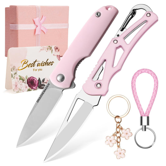 DRACHENADER 2PCS Pink Pocket Knife Gift Set with Keychains & Gift Box