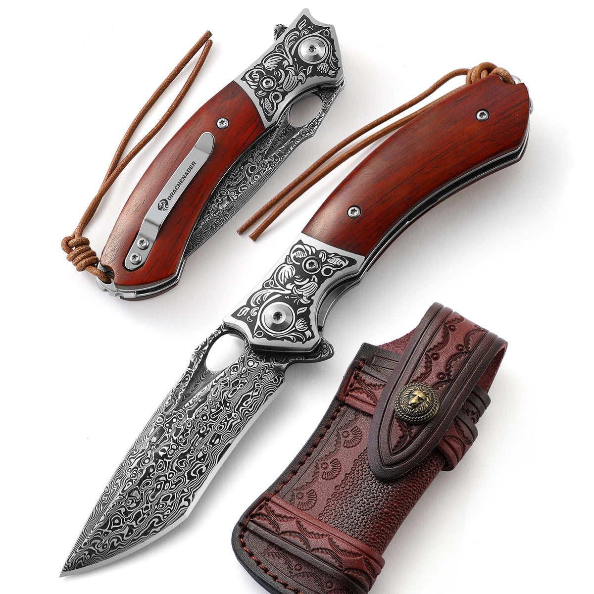 DRACHENADER  Damascus Steel Folding Knife with Leather Sheath