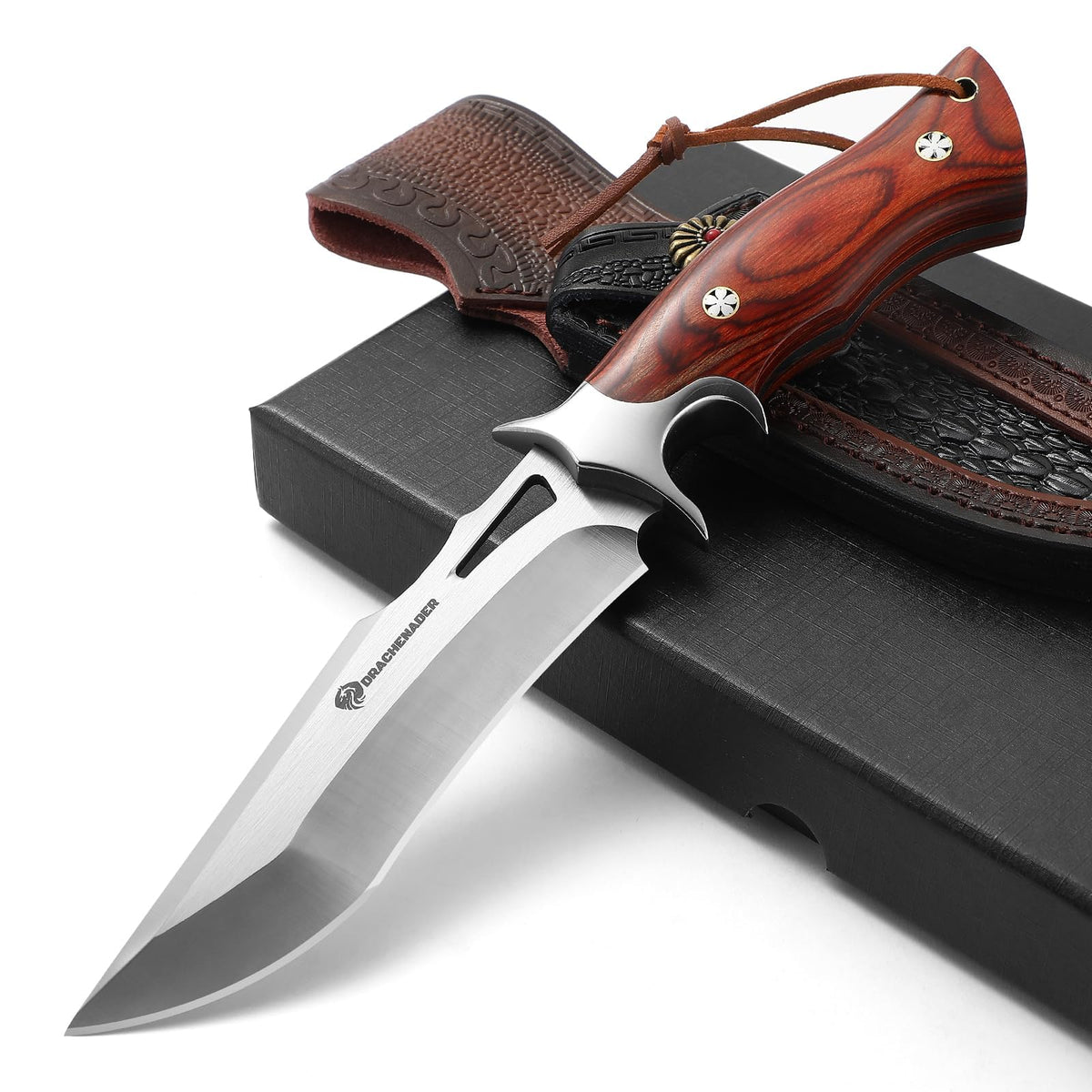 DRACHENADER 10.24" M390 Full Tang Fixed Blade Knife with Wood Handle and Leather Sheath