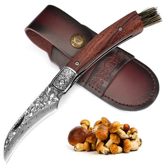 DRACHENADER Mushroom Knife with Brush,VG10 Damascus Steel Blade, Leather Sheath