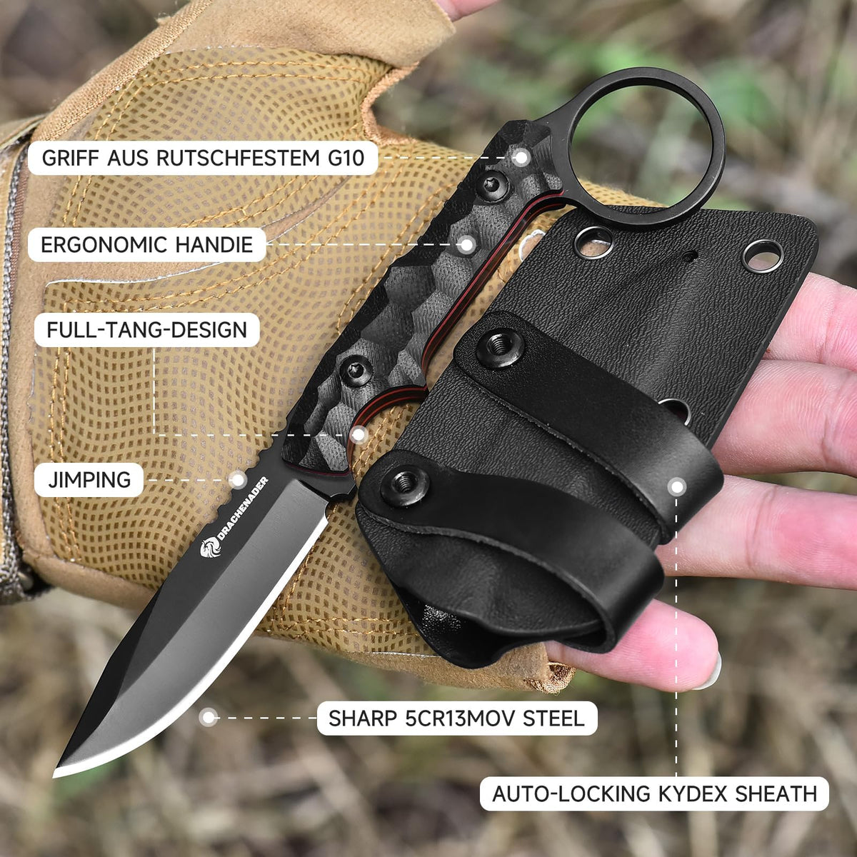 DRACHENADER 7.08" 5Cr13MoV Full Tang Fixed Blade Knife with Finger Ring & Kydex Sheath