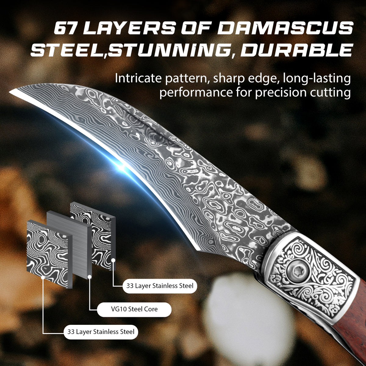 DRACHENADER Mushroom Knife with Brush,VG10 Damascus Steel Blade, Leather Sheath