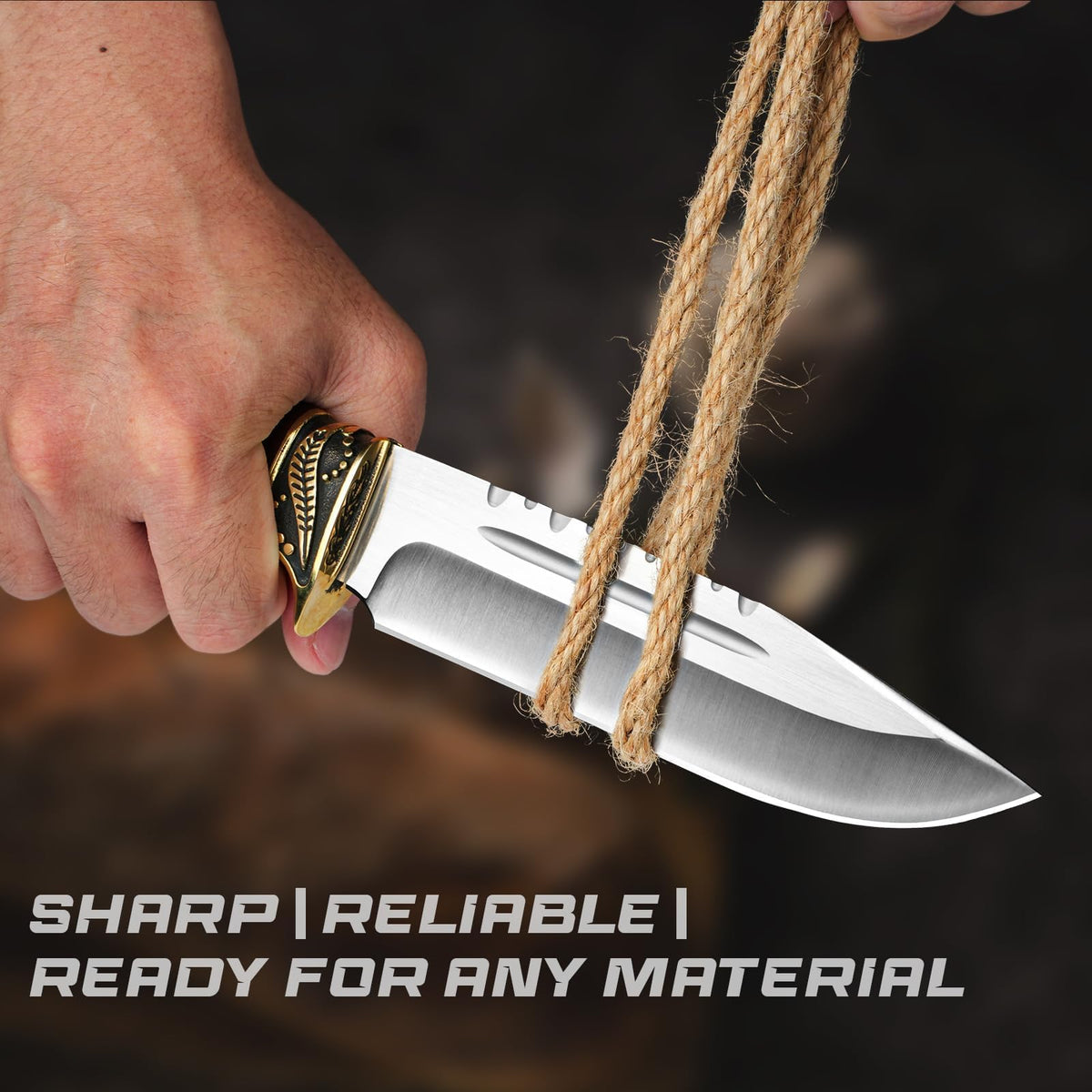 DRACHENADER 10.63" Fixed Blade Knife with Wood Handle and Leather Sheath