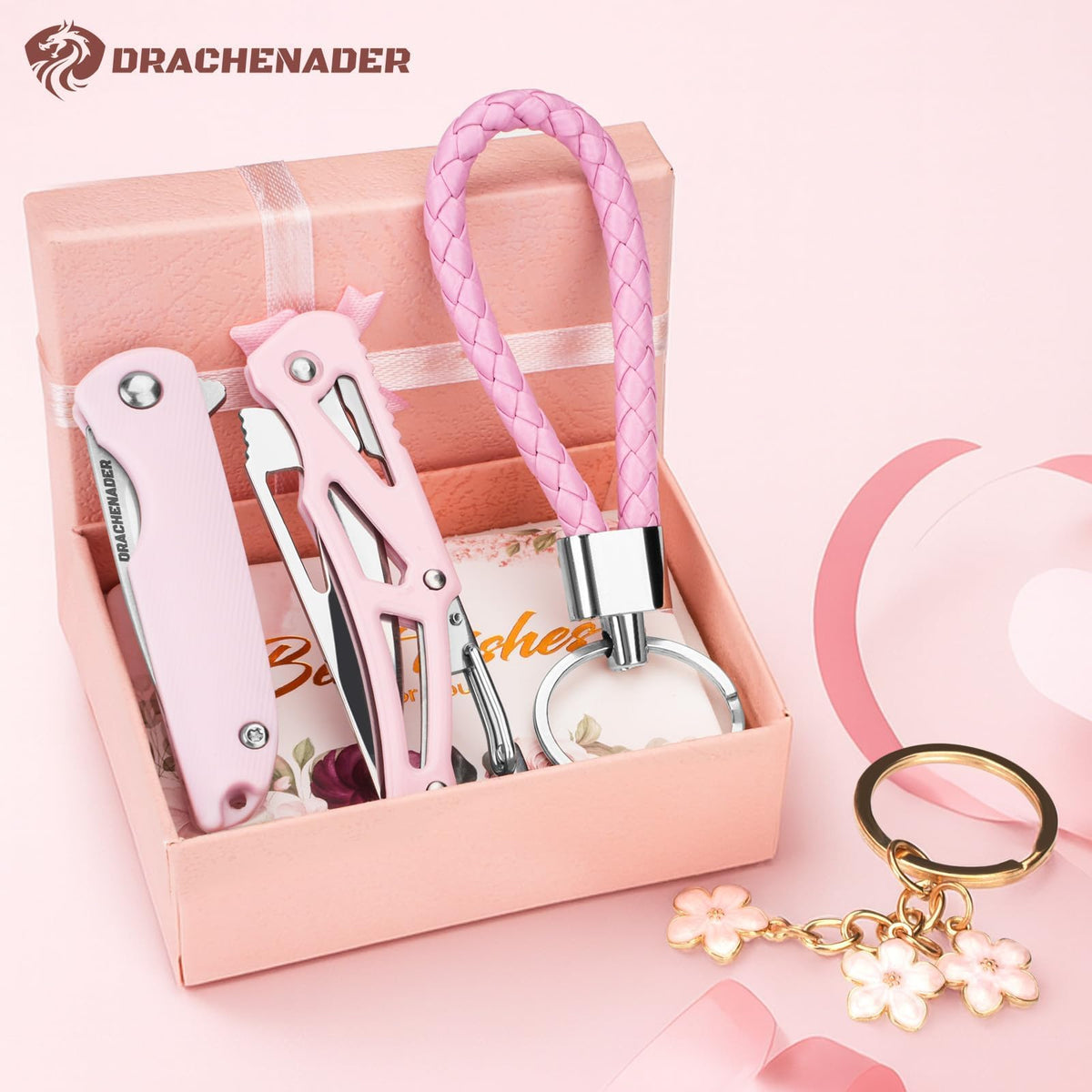 DRACHENADER 2PCS Pink Pocket Knife Gift Set with Keychains & Gift Box