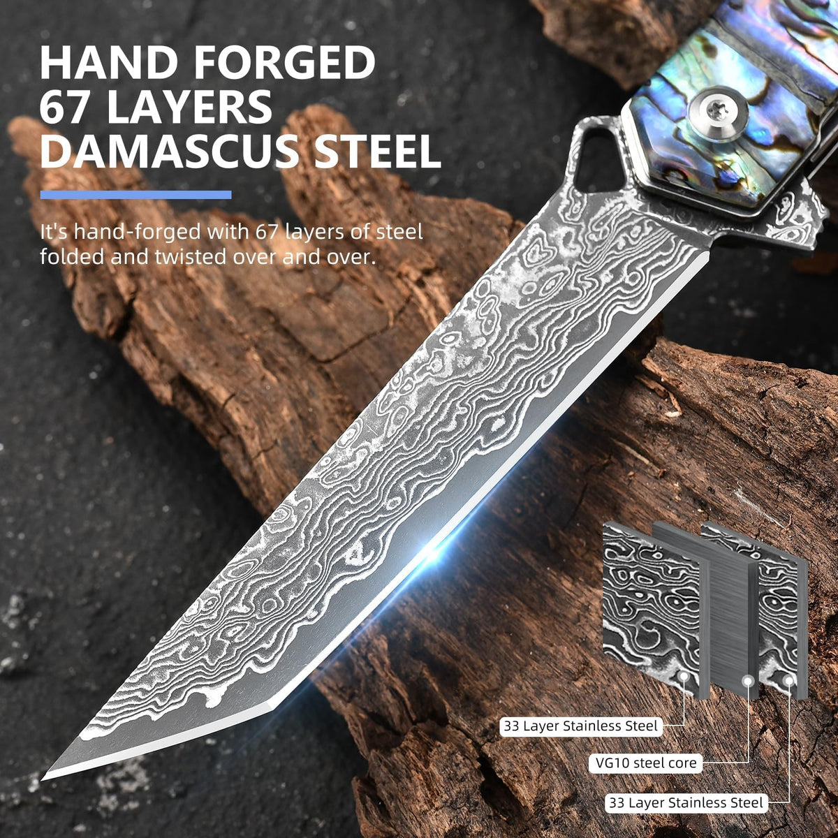DRACHENADER 8.97" Tanto Damascus Folding Knife with Abalone Shell Handle Leather Sheath