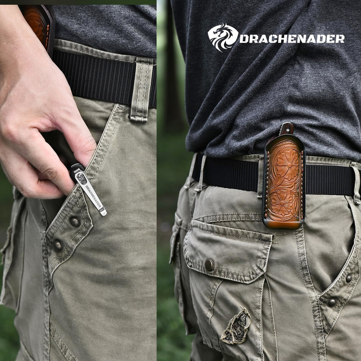 DRACHENADER Damascus Folding Knife with Wood Handle and Leather Sheath