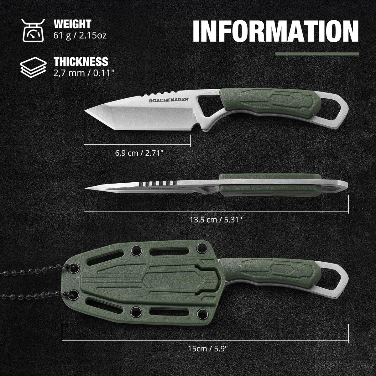 DRACHENADER XR-03 Tanto Neck Knife for EDC