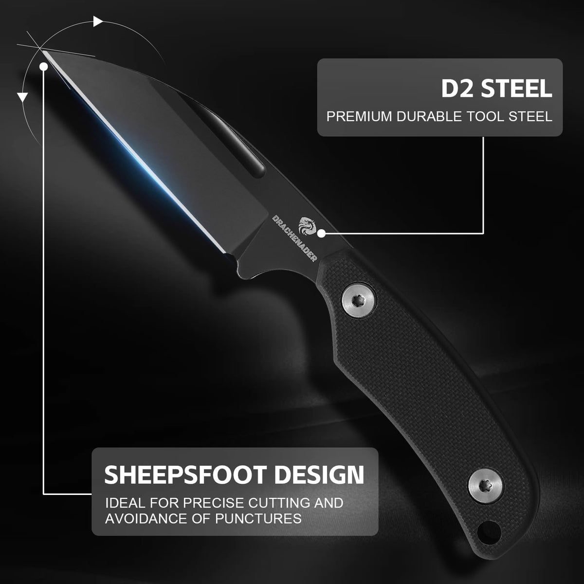 DRACHENADER 5.82" D2 Sheepsfoot Full Tang Neck Knife with G10 Handle