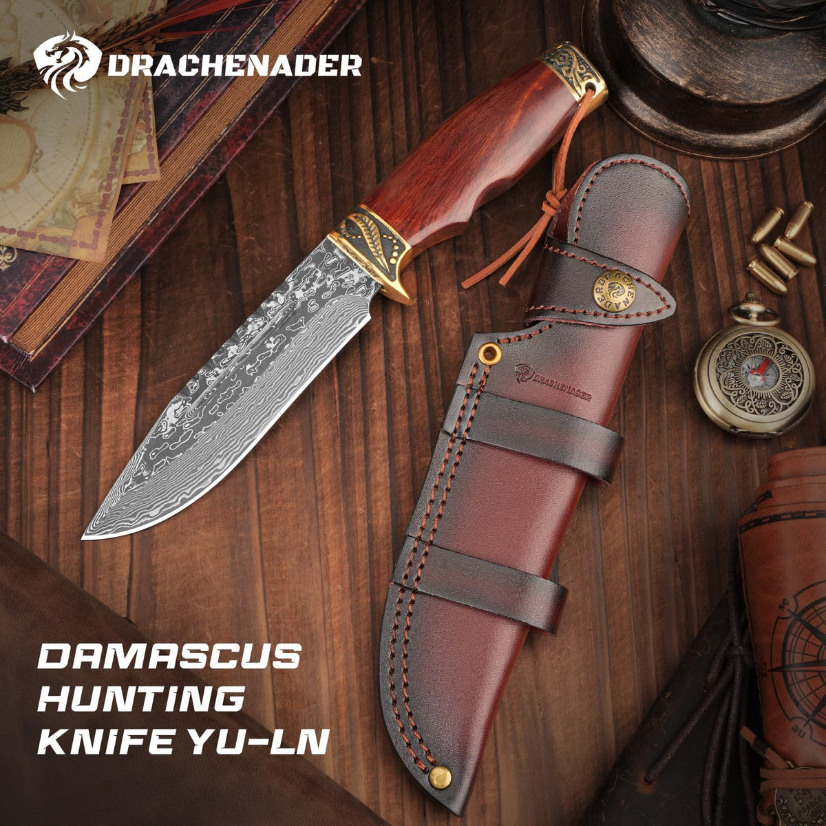 DRACHENADER 10.6" VG10 Damascus Fixed Blade Hunting Knife with Horizontal Leather Sheath