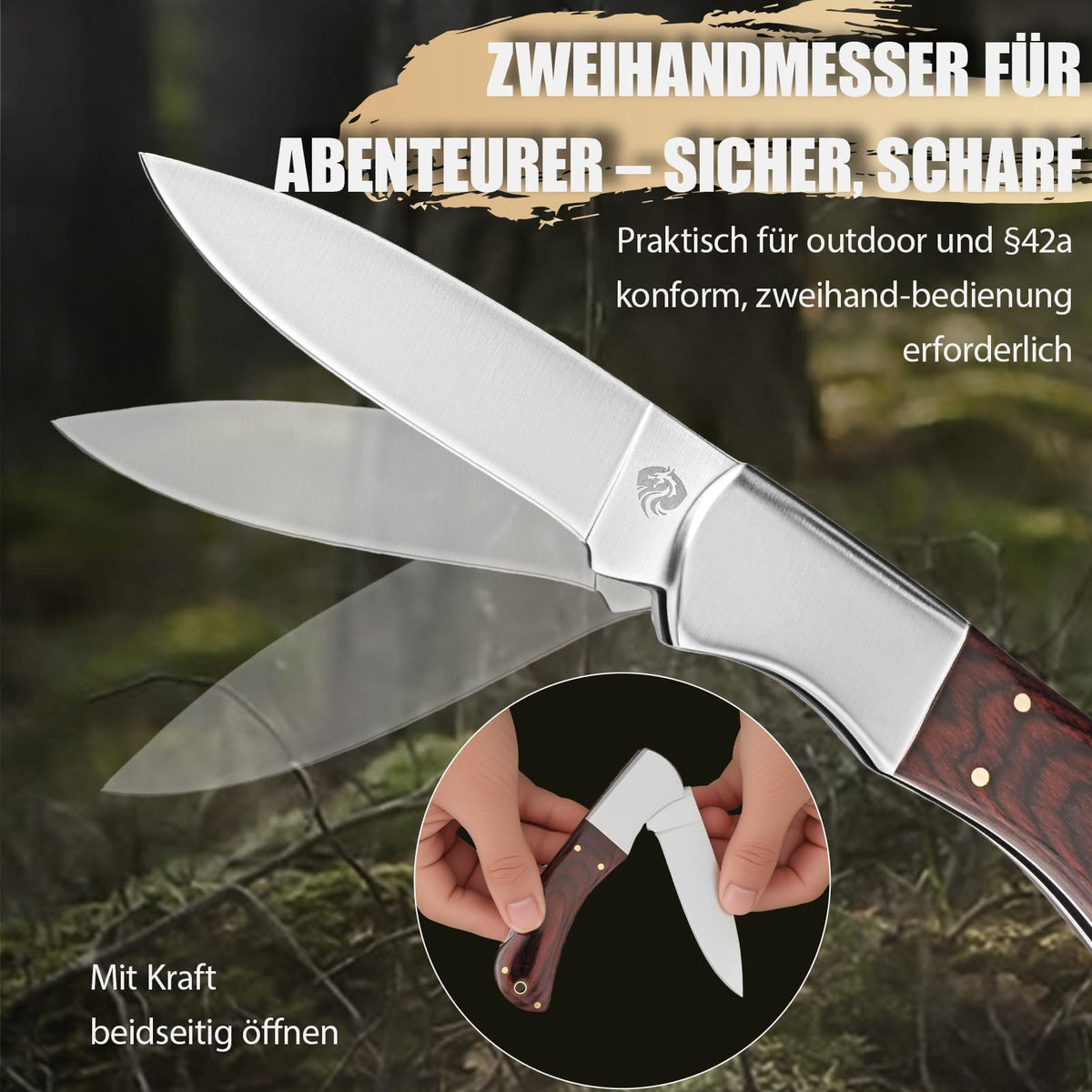 DRACHENADER 440C Two-Hand Opening Folding Knife with Wood Handle & Leather Sheath