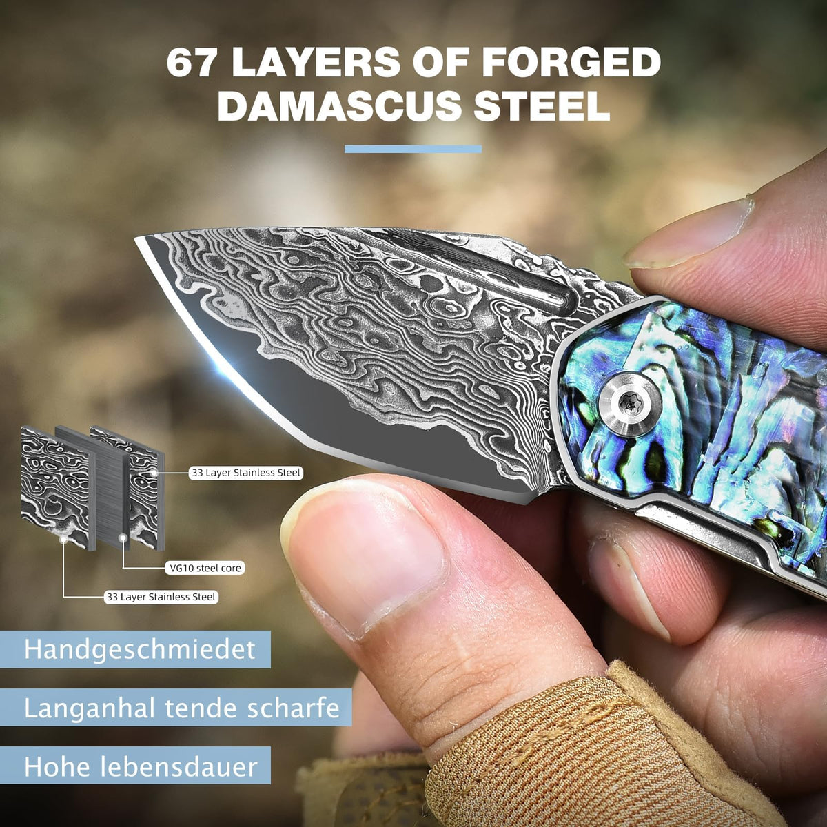 DRACHENADER Mini Damascus Folding Pocket Knife with Abalone Shell Handle Keychain