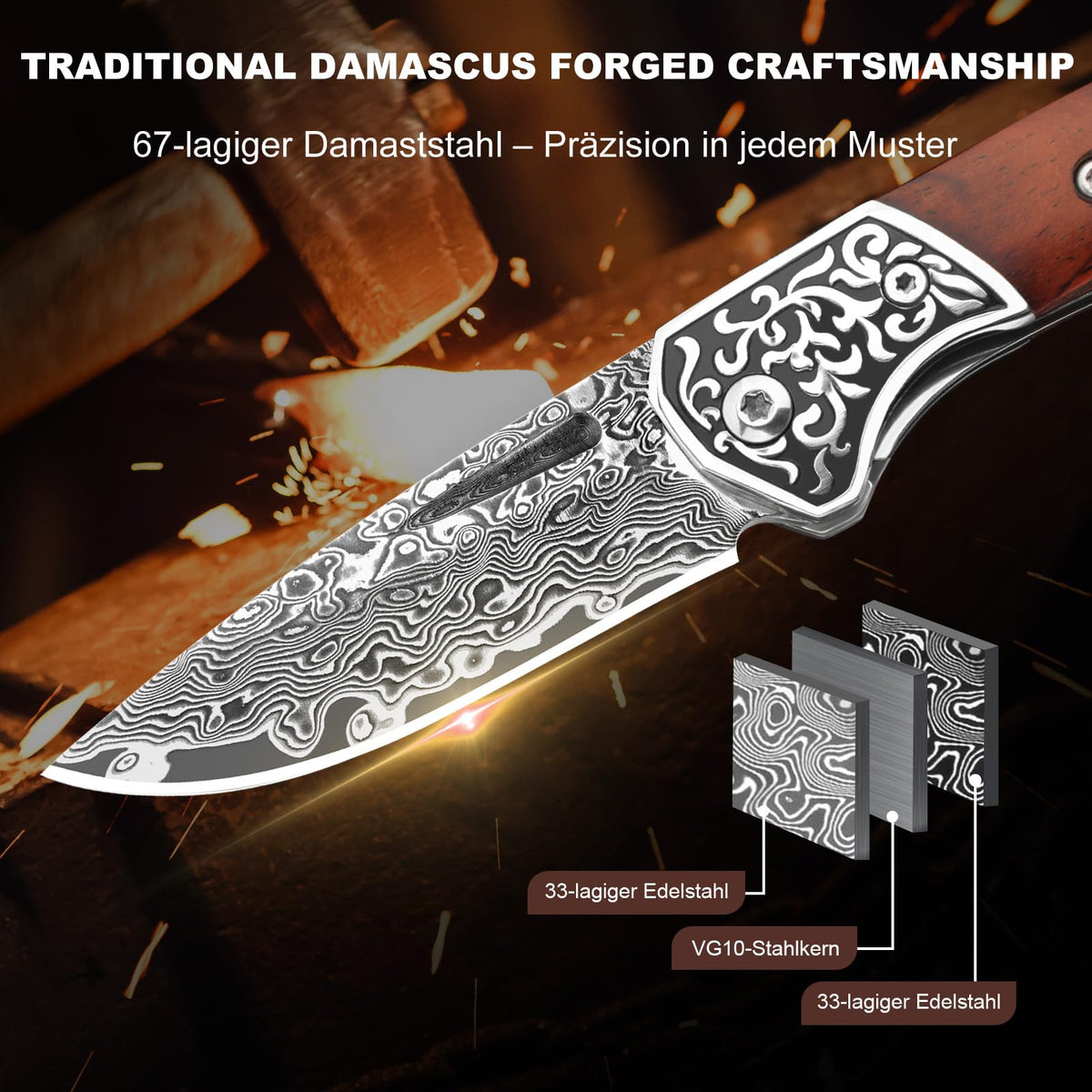 DRACHENADER 5.51" Damascus Folding Knife with Wood Handle