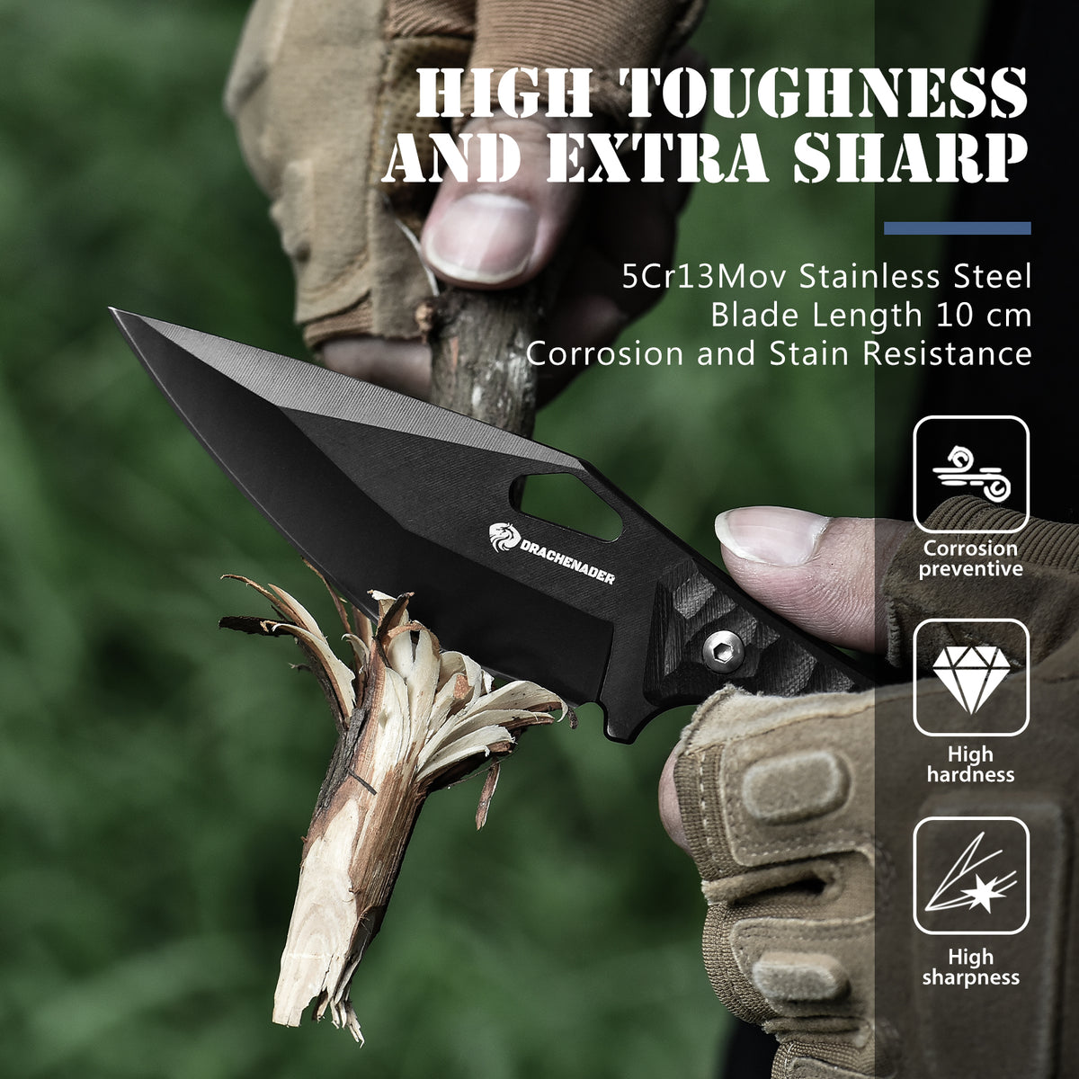 DRACHENADER 9" EDC Fixed Blade, SEAL-FULL BLACK, 5mm Thick Stainless Steel, G10 Anti-Slip Handle