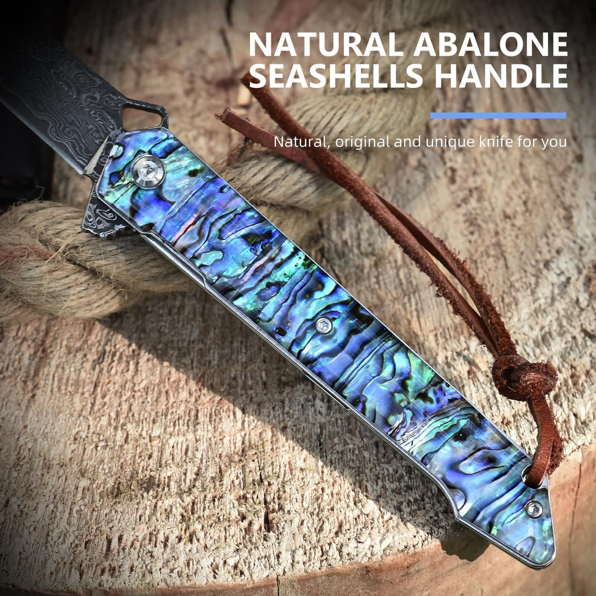 DRACHENADER 8.97" Tanto Damascus Folding Knife with Abalone Shell Handle Leather Sheath