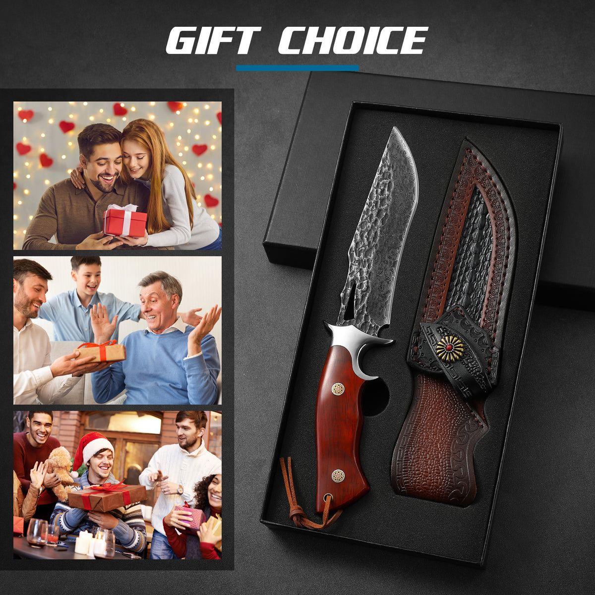 DRACHENADER Damascus Hunting Knife, VG10 67-Layers Damascus Steel, Real Leather Sheath, Wood Handle