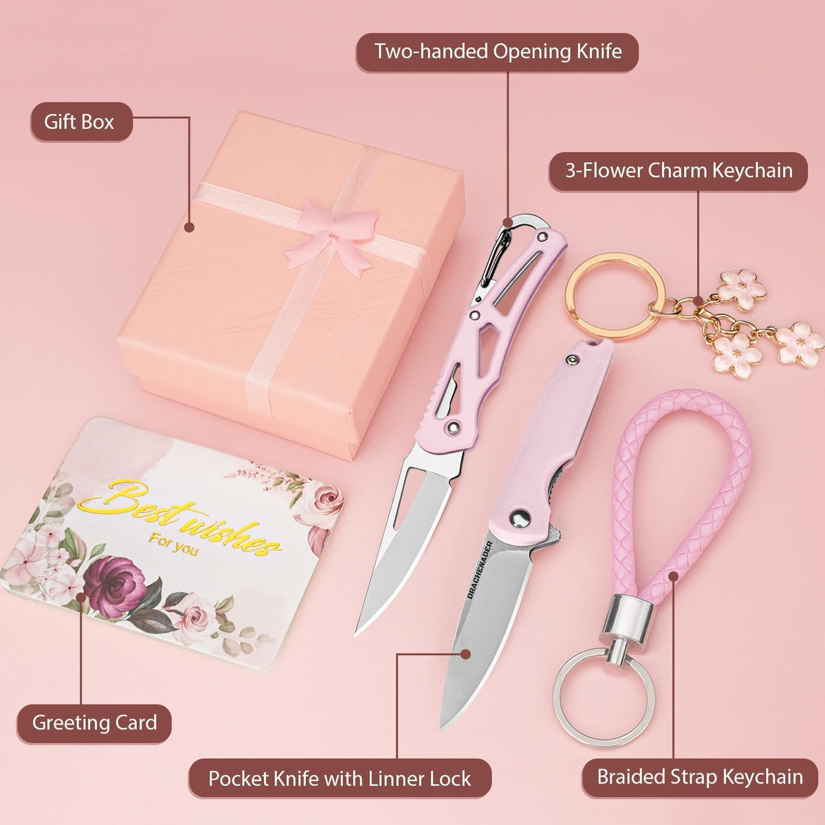 DRACHENADER 2PCS Pink Pocket Knife Gift Set with Keychains & Gift Box