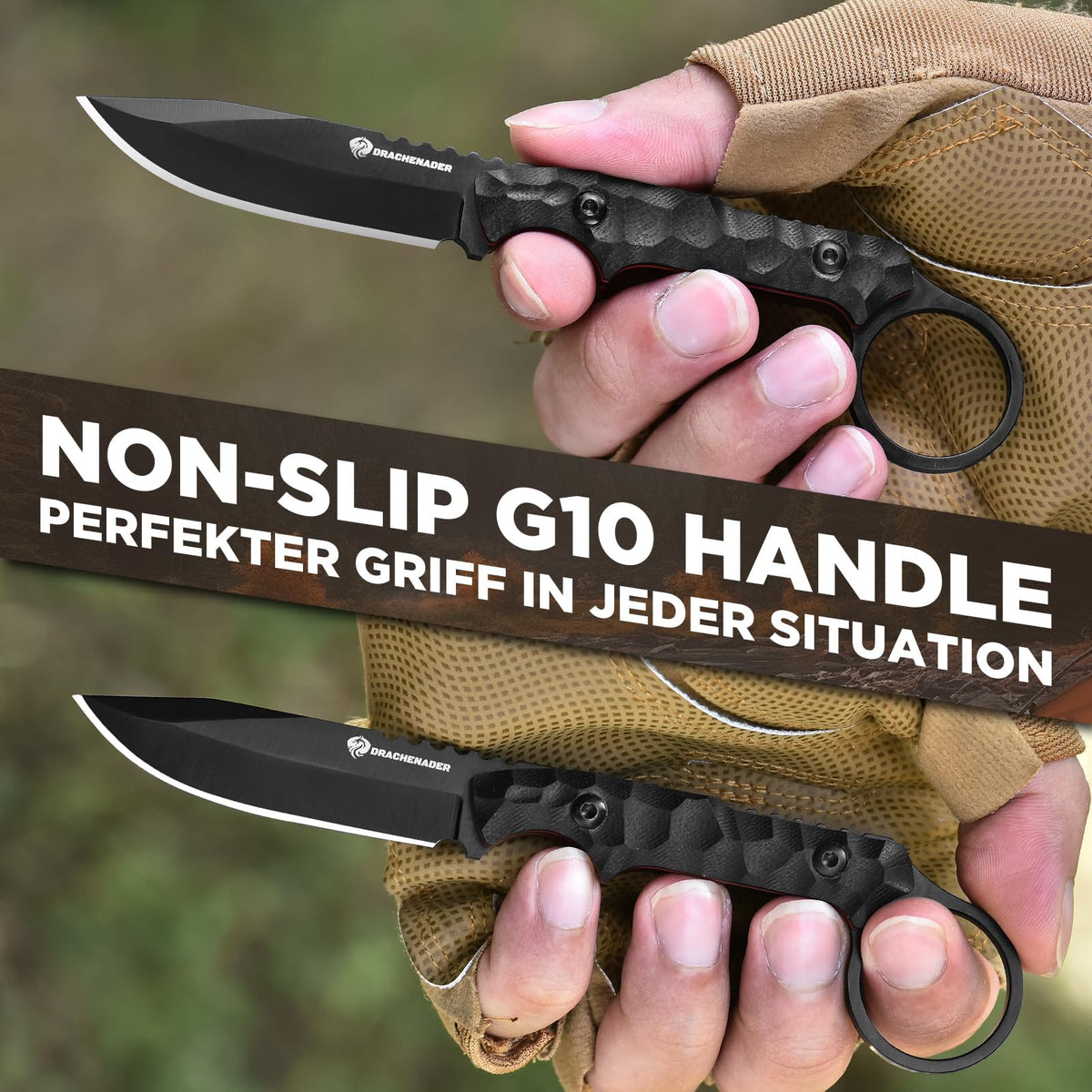 DRACHENADER 7.08" 5Cr13MoV Full Tang Fixed Blade Knife with Finger Ring & Kydex Sheath