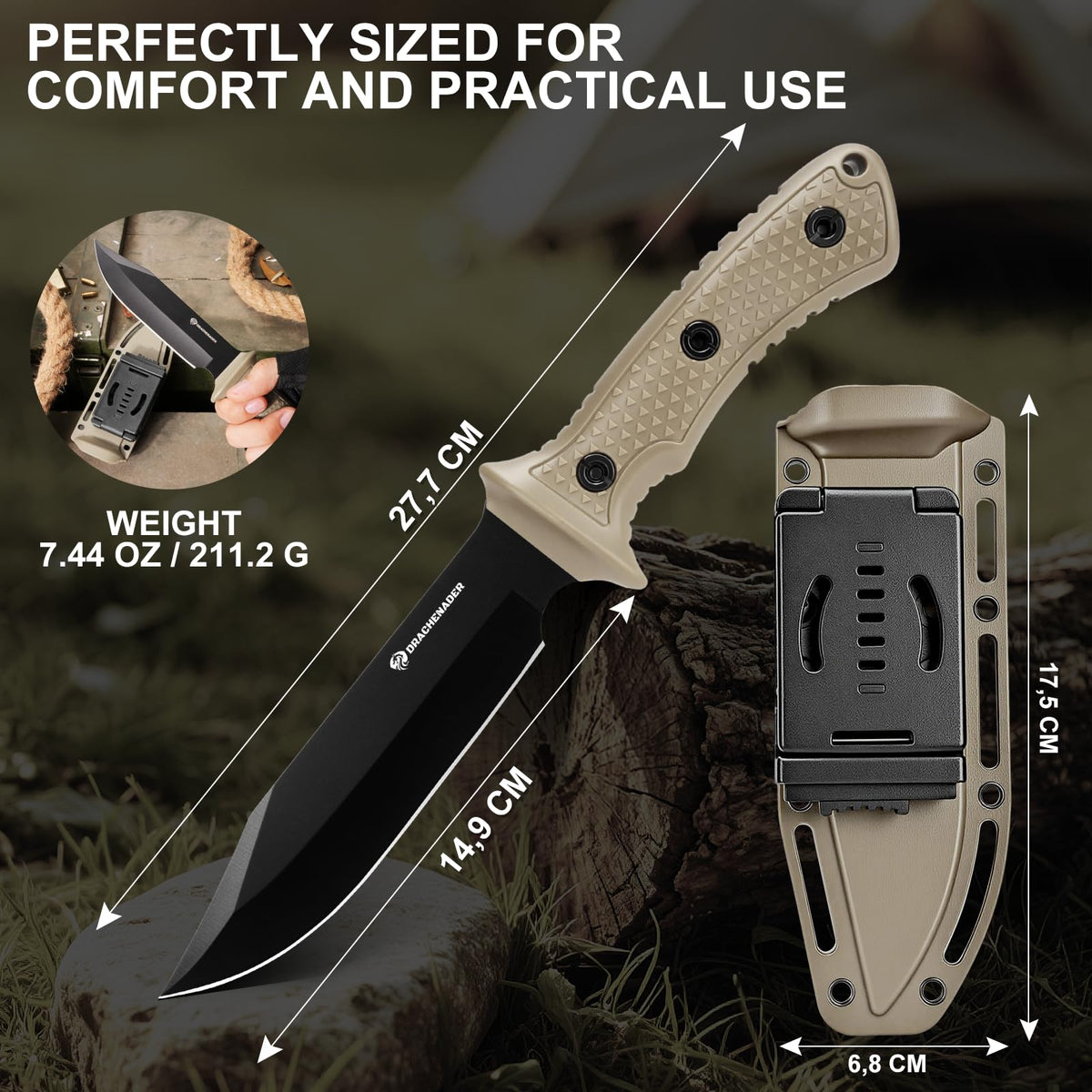 DRACHENADER 5Cr13MoV Drop Point Fixed Blade Knife with ABS Handle & Sheath