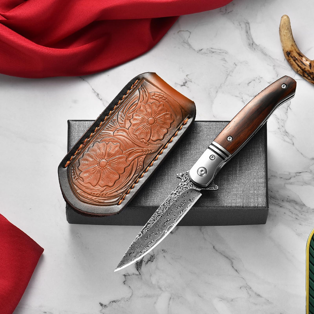 DRACHENADER Damascus Folding Knife with Wood Handle and Leather Sheath