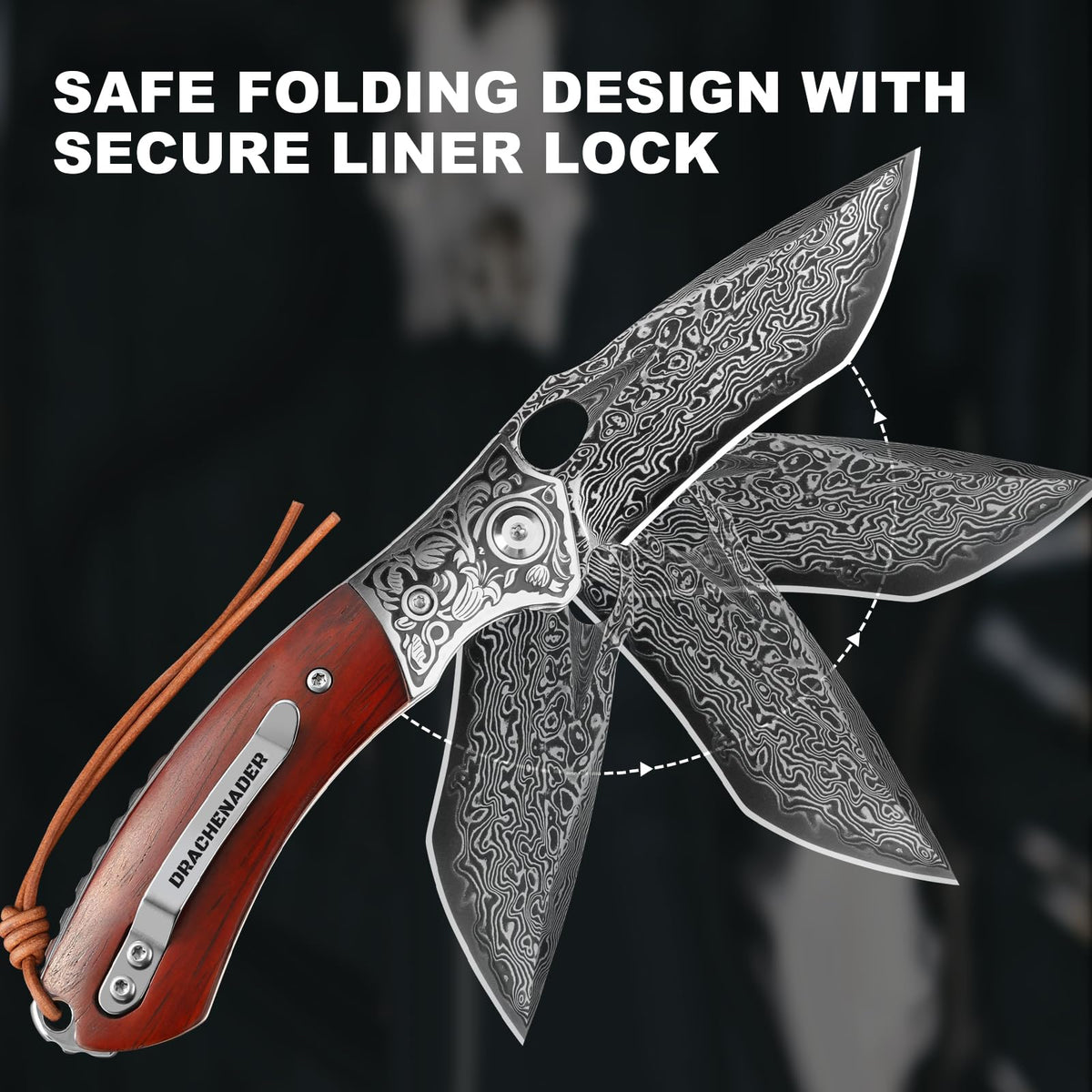 DRACHENADER Damascus Folding Knife with Wood Handle & Leather Sheath