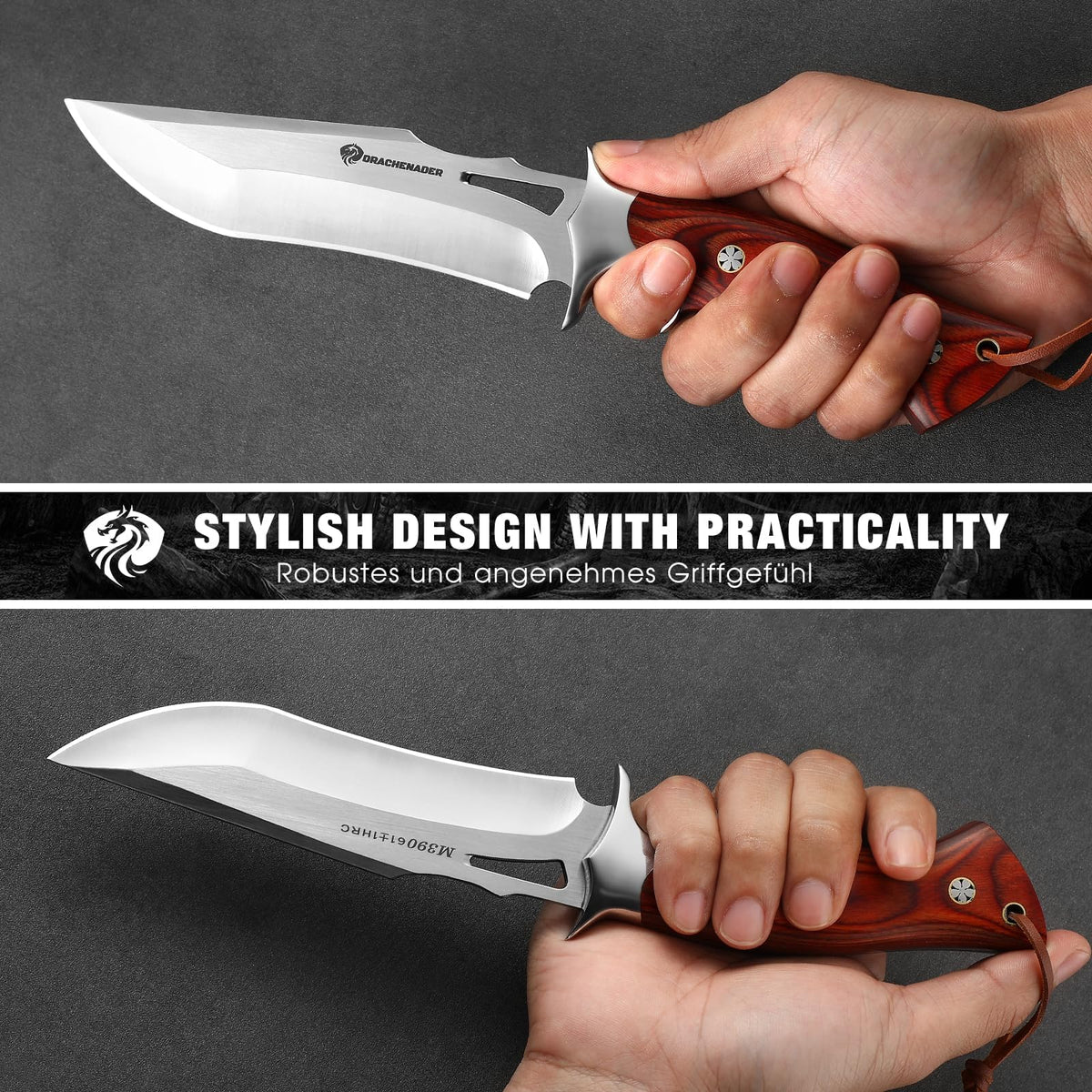 DRACHENADER 10.24" M390 Full Tang Fixed Blade Knife with Wood Handle and Leather Sheath