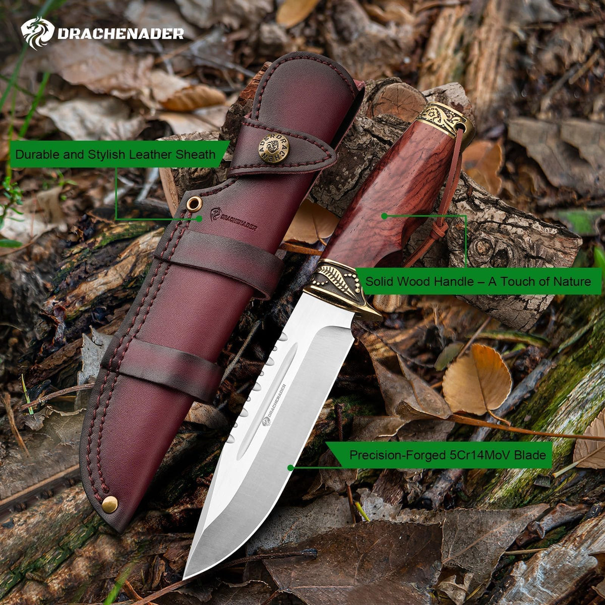 DRACHENADER 10.63" Fixed Blade Knife with Wood Handle and Leather Sheath