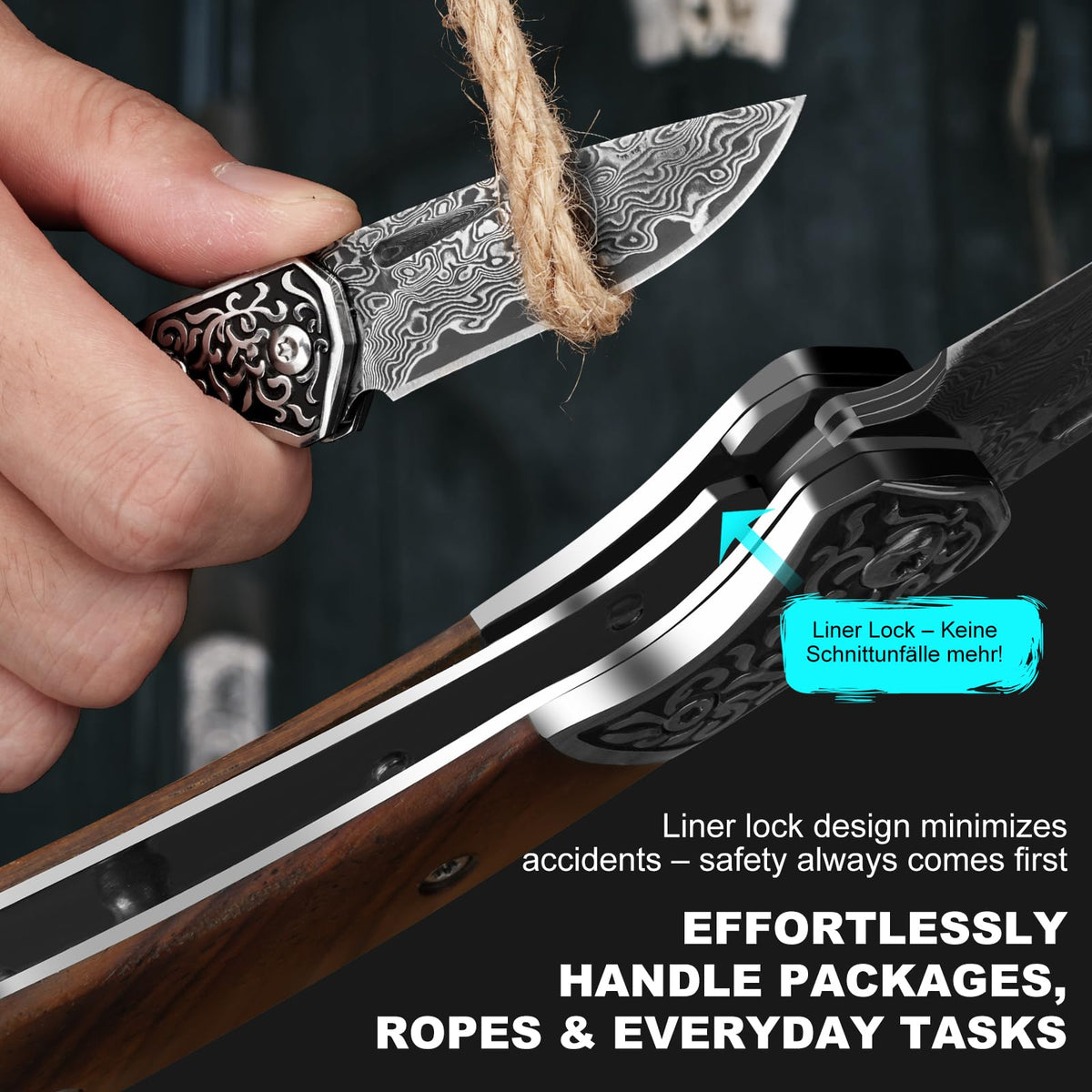 DRACHENADER 5.51" Damascus Folding Knife with Wood Handle