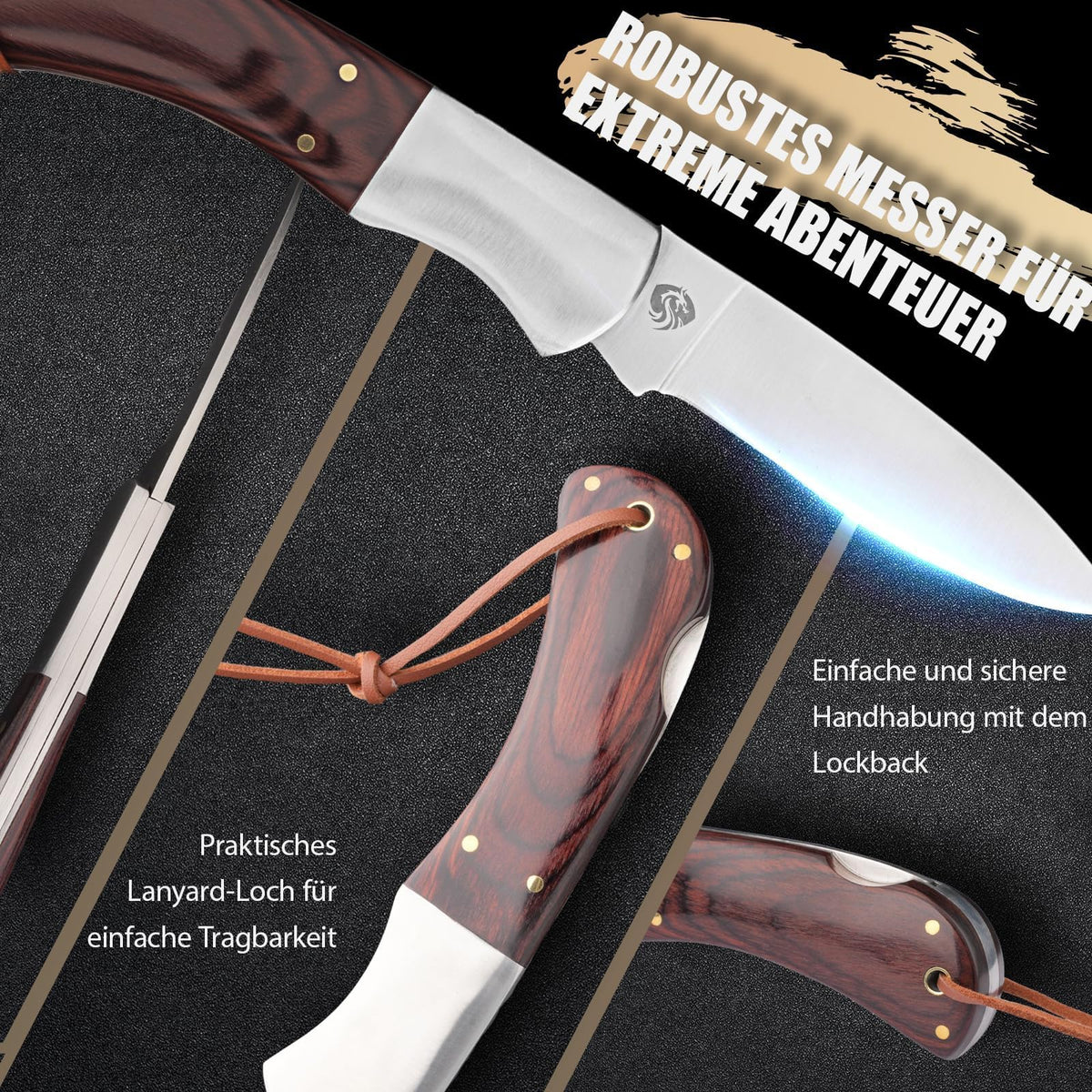 DRACHENADER 440C Two-Hand Opening Folding Knife with Wood Handle & Leather Sheath