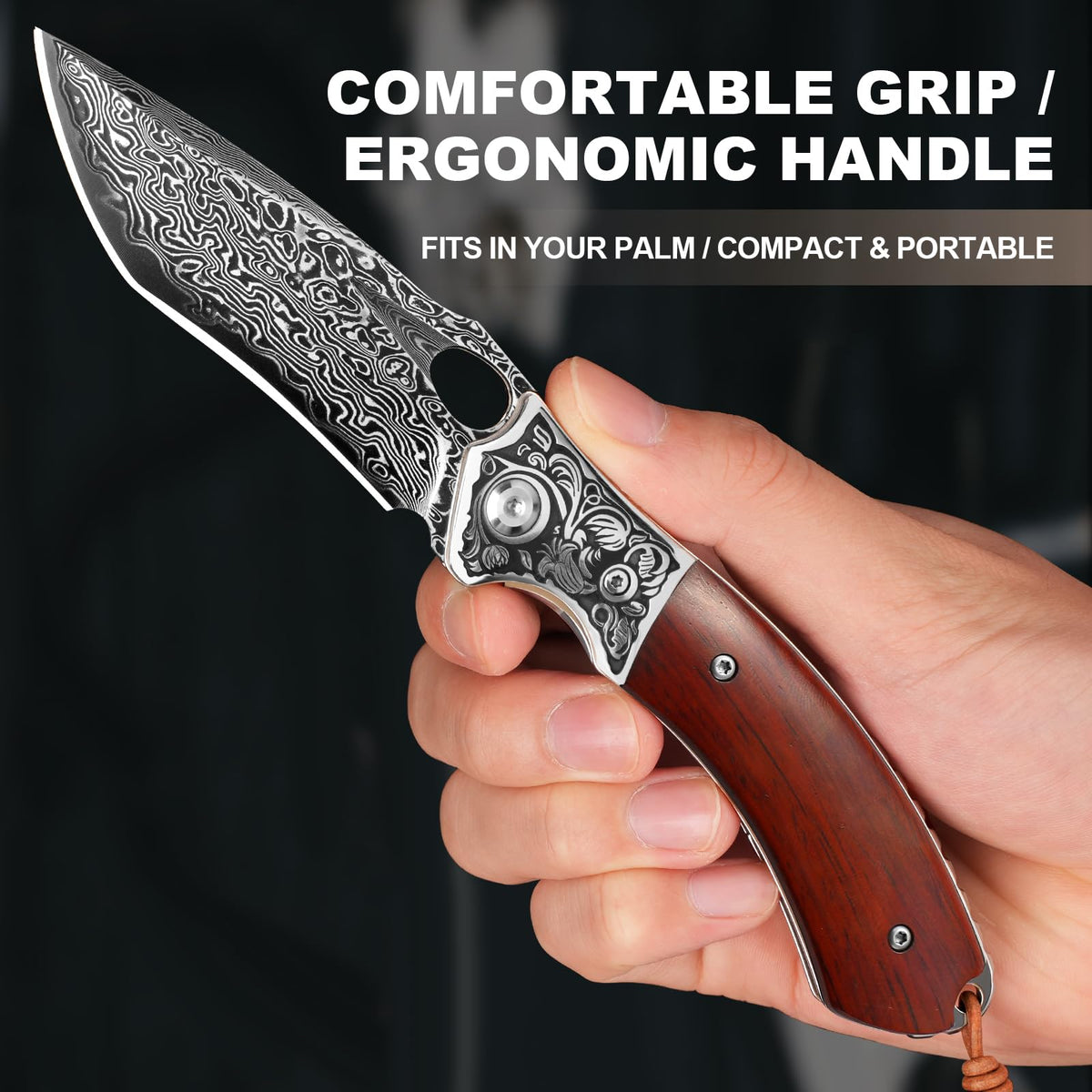 DRACHENADER Damascus Folding Knife with Wood Handle & Leather Sheath