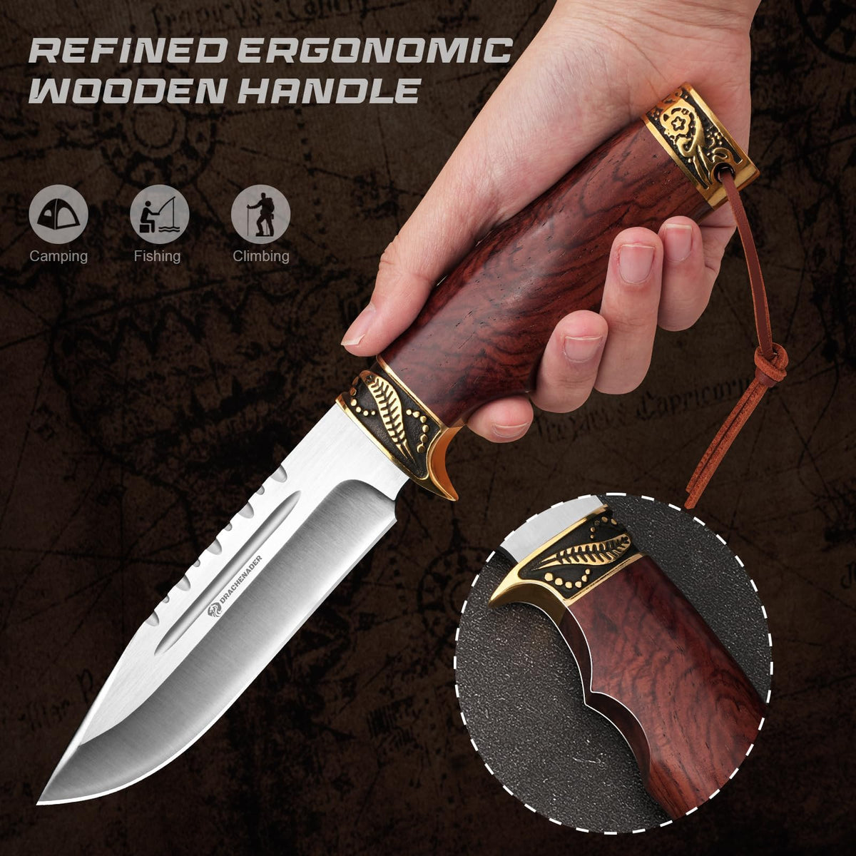 DRACHENADER 10.63" Fixed Blade Knife with Wood Handle and Leather Sheath