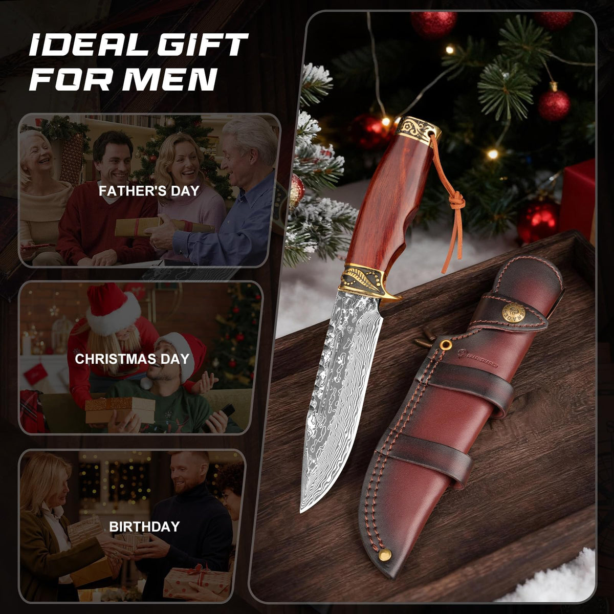 DRACHENADER 10.6" VG10 Damascus Fixed Blade Hunting Knife with Horizontal Leather Sheath