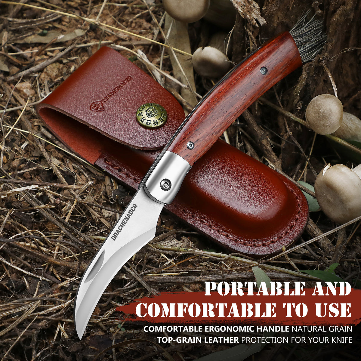 DRACHENADER Folding Mushroom Knife with Brush Leather Sheath Liner-Lock
